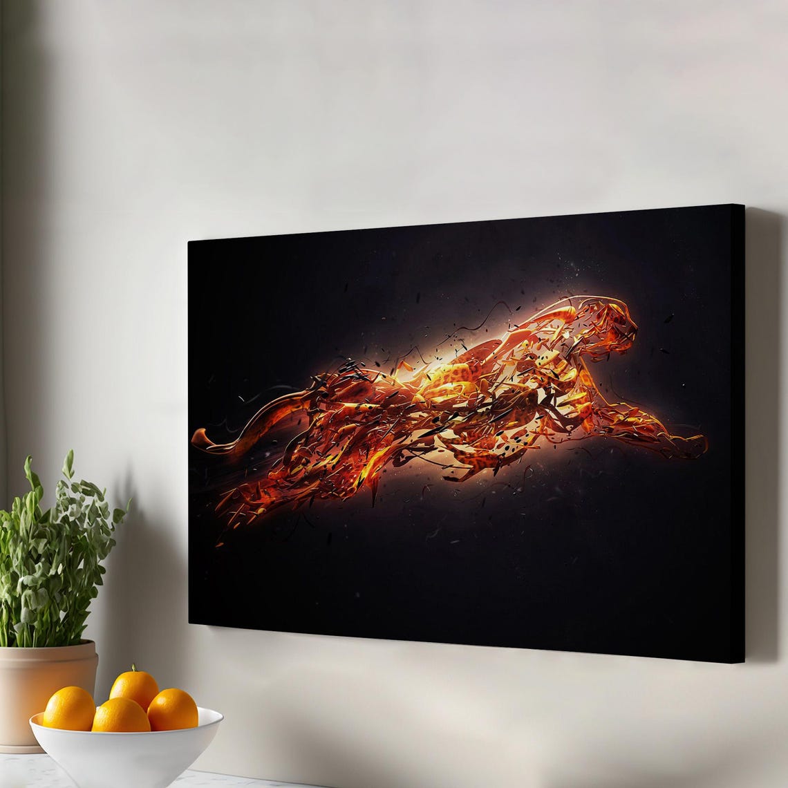 Golden Cheetah Running Fire Particle Effect Wildlife Art Poster