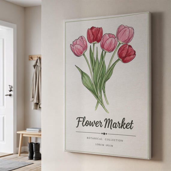 Flower Market Canvas Art Handdrawn Pink Tulips Botanical Illustration Vintageinspired Floral Wall Decor Elegant Nature Artwork