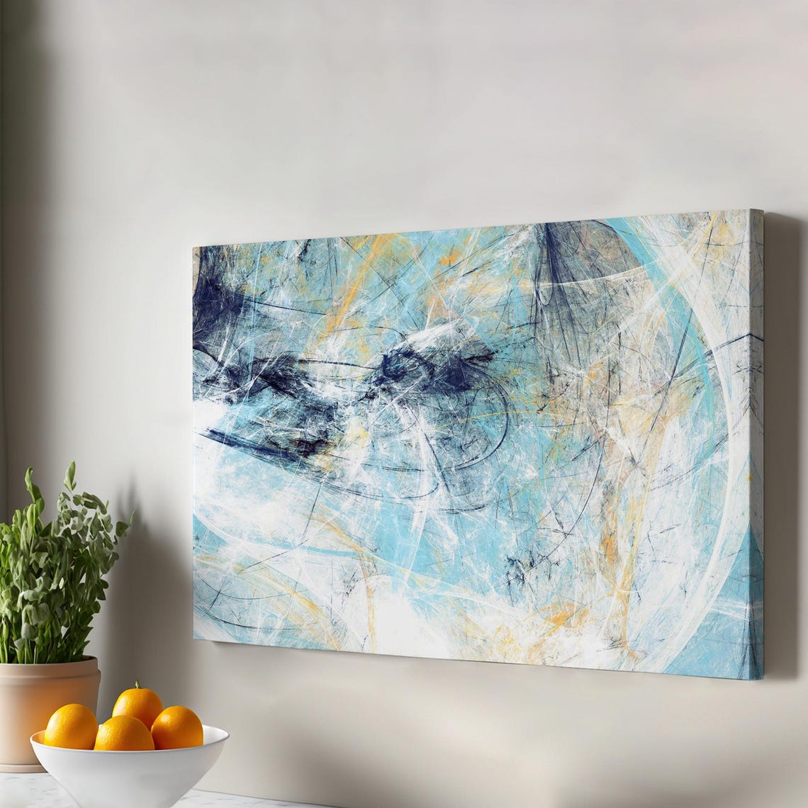 Icy Blue White Abstract Art Canvas Modern Swirl Gold Accent Poster