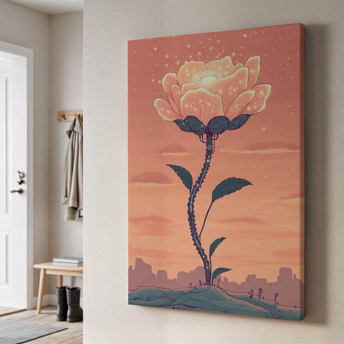 Glowing Neon Rose Flower Canvas Magical Sunset City Skyline Illustration Wall Art