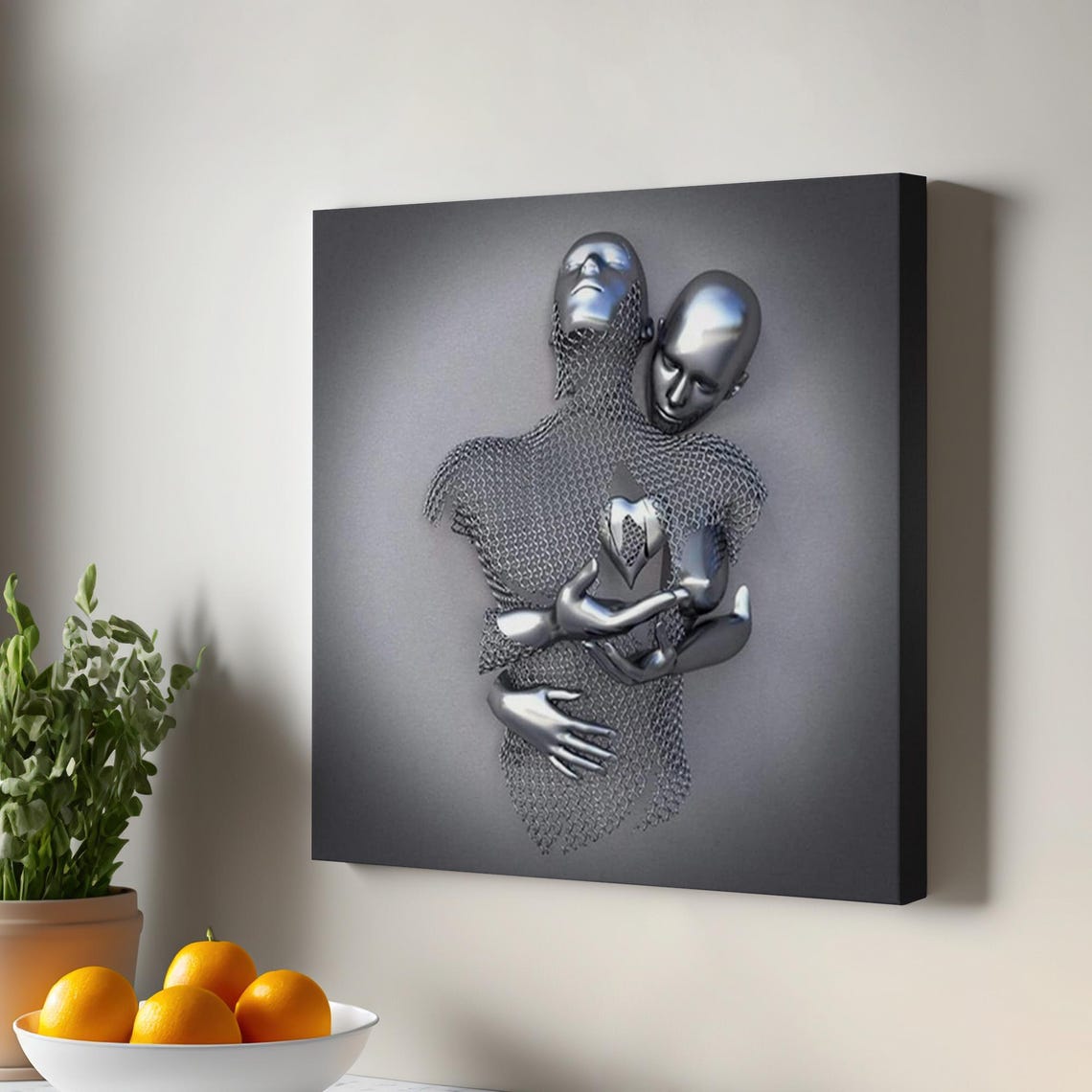 Silver Chrome Couple Embrace Modern Love Sculpture Art Poster