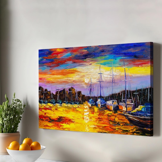 Vibrant Harbor Sunset Sailboats Fiery Sky Oil Painting Seascape Poster