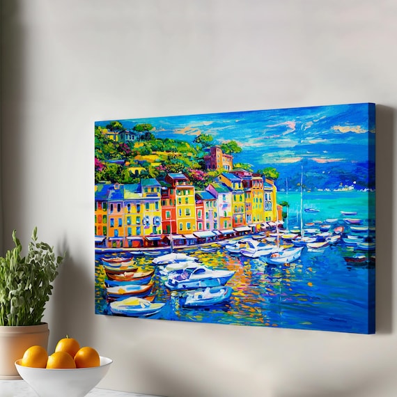 Portofino Style Italian Riviera Harbor Fishing Boats Oil Painting Poster