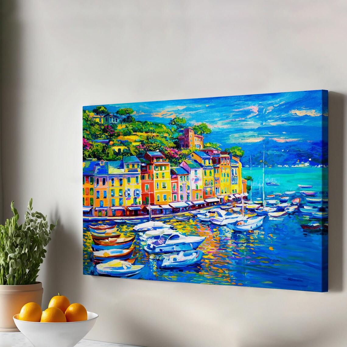 Portofino Style Italian Riviera Harbor Fishing Boats Oil Painting Poster