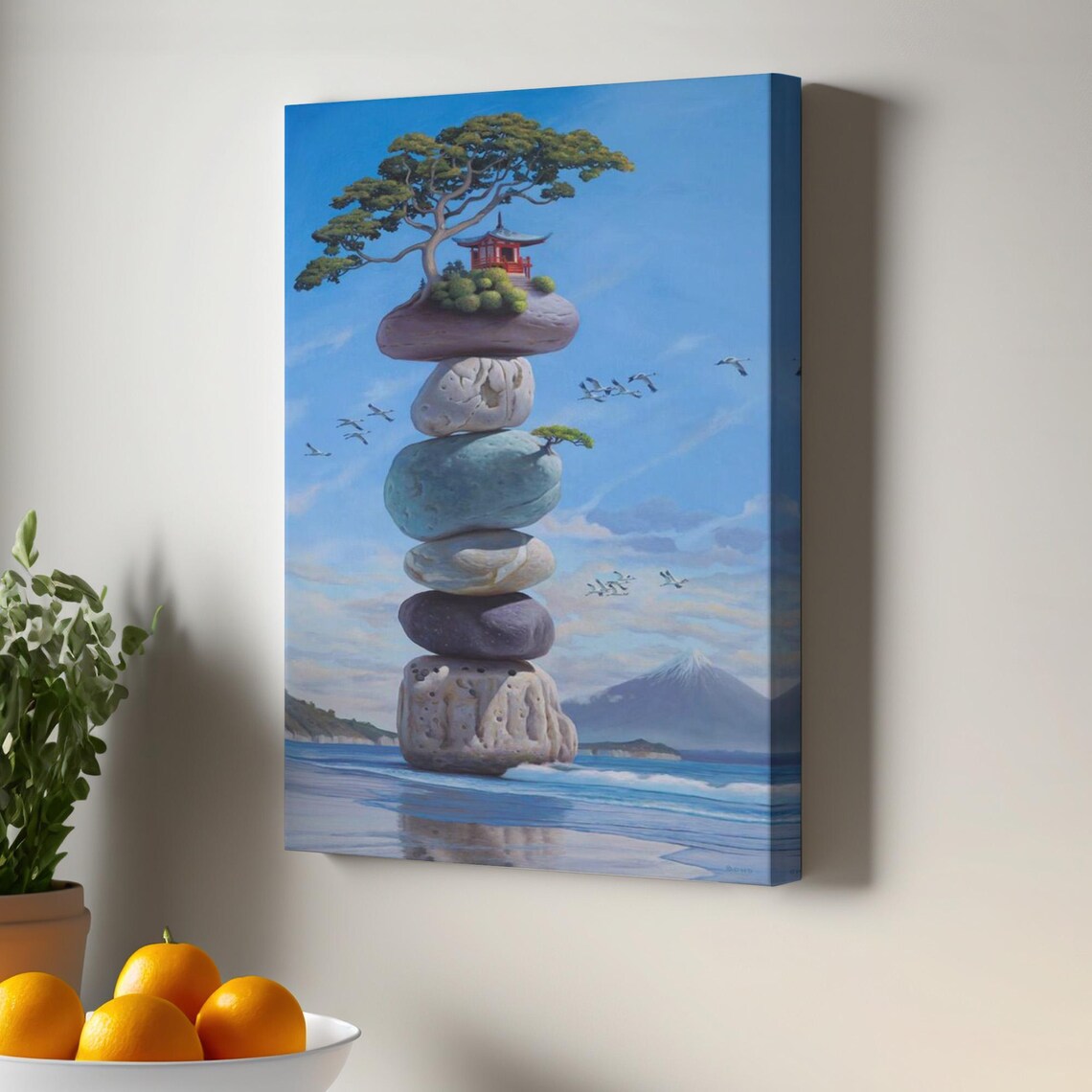 Surreal Balancing Stones Pagoda Ocean Mount Fuji Japanese Fantasy Poster