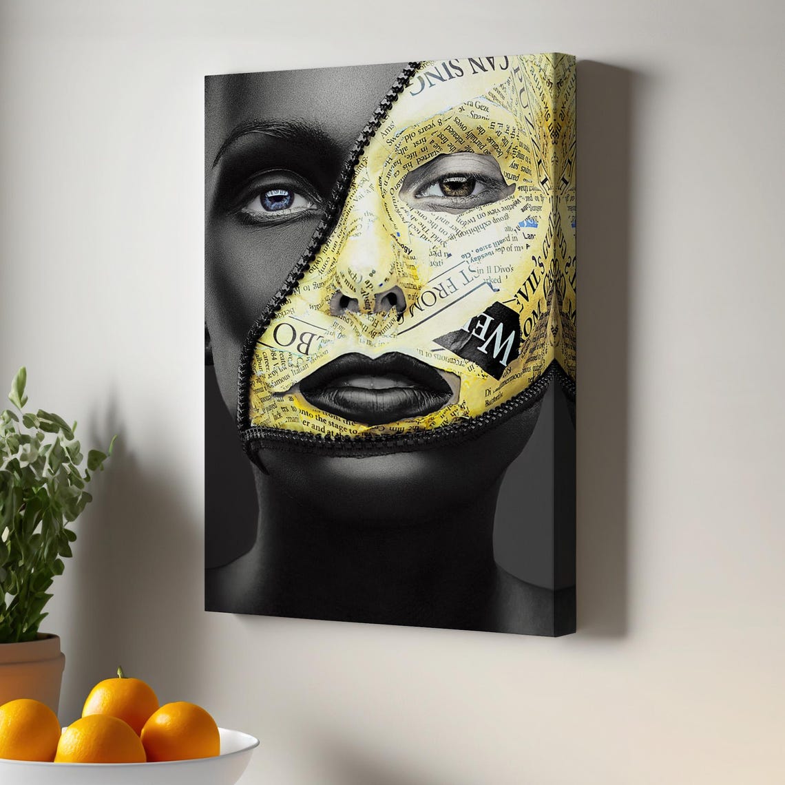 Woman Zipper Face Newspaper Collage Bold Surreal Portrait Art Poster