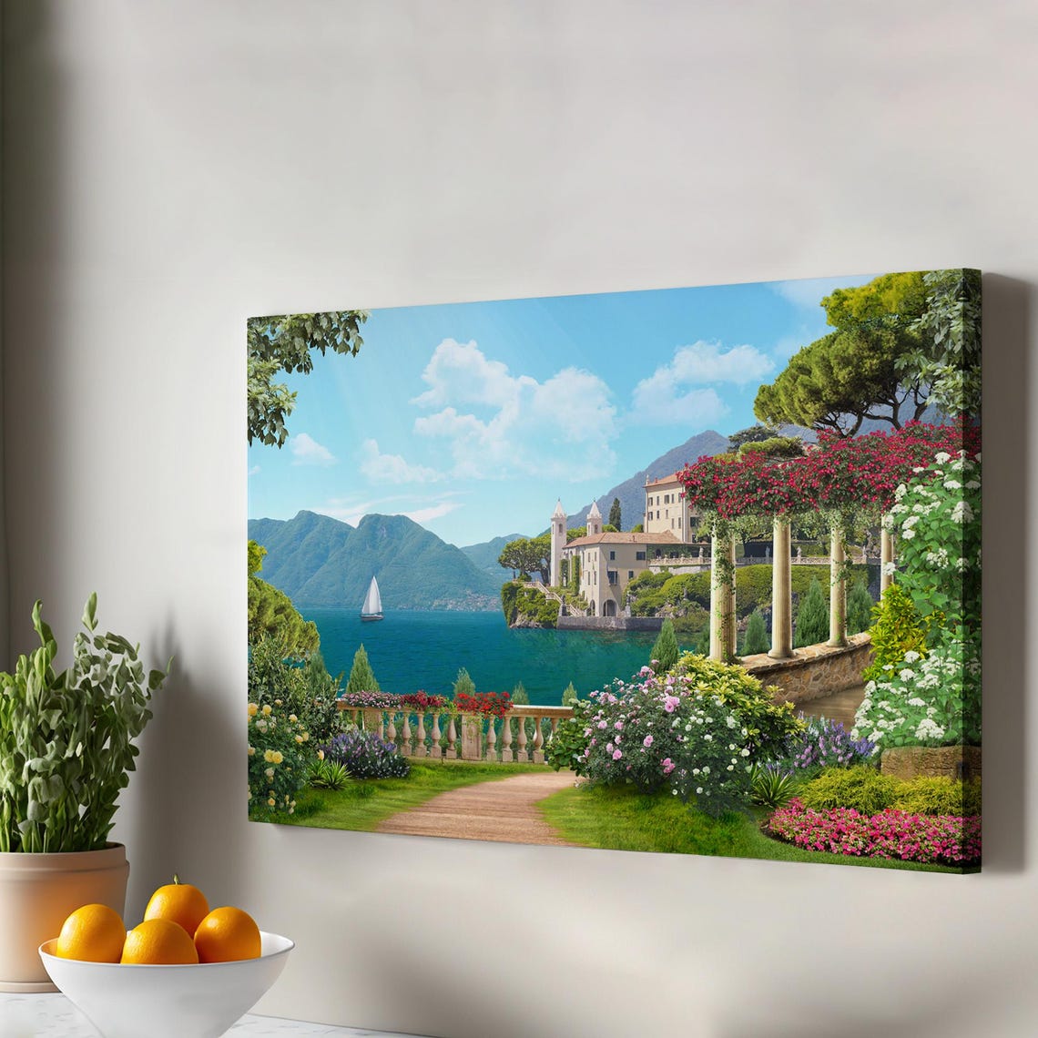 Italian Lakeside Villa Garden with Church and Sailboat Scenic Wall Art