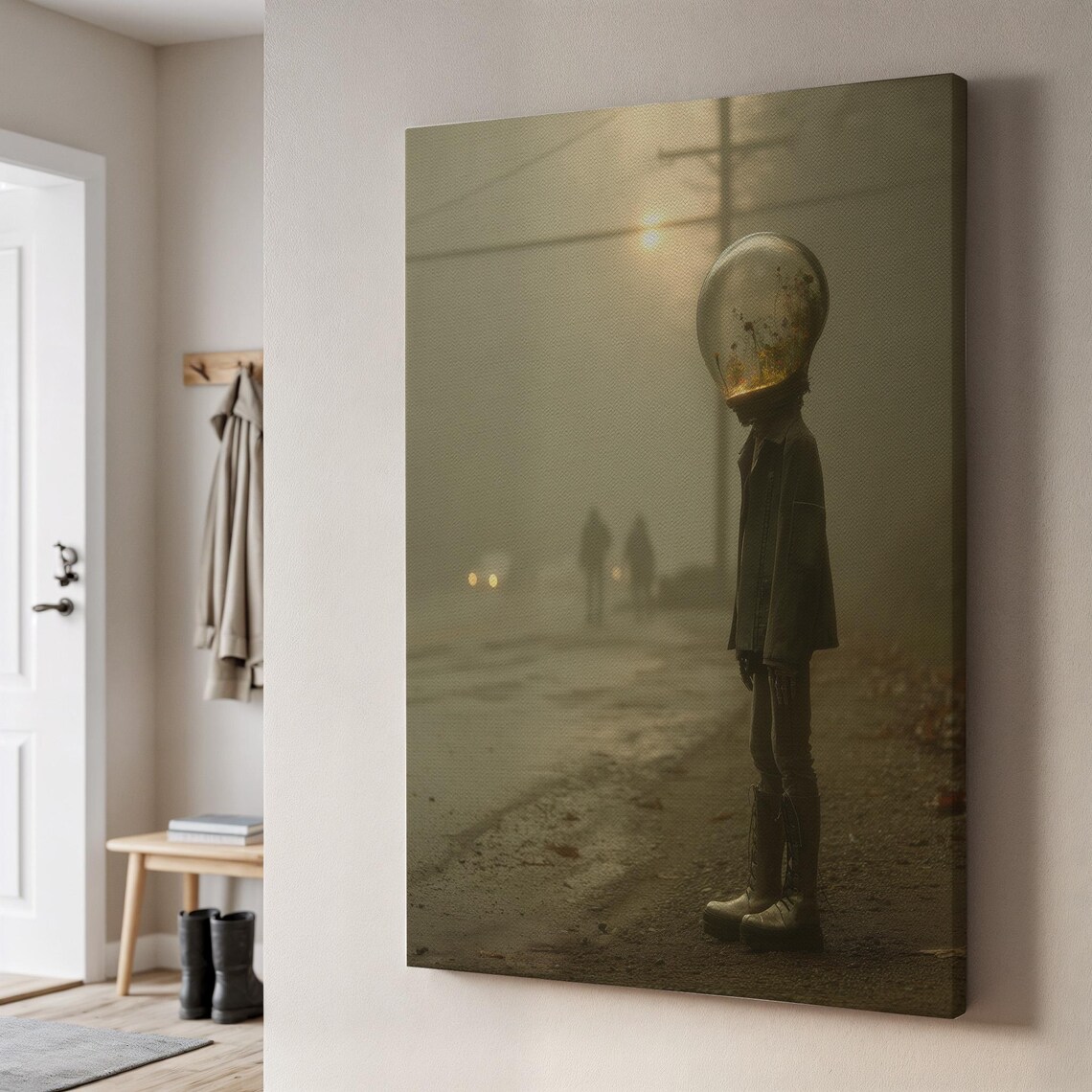 Surreal Figure with a Lightbulb Head on a Foggy Street Art Poster