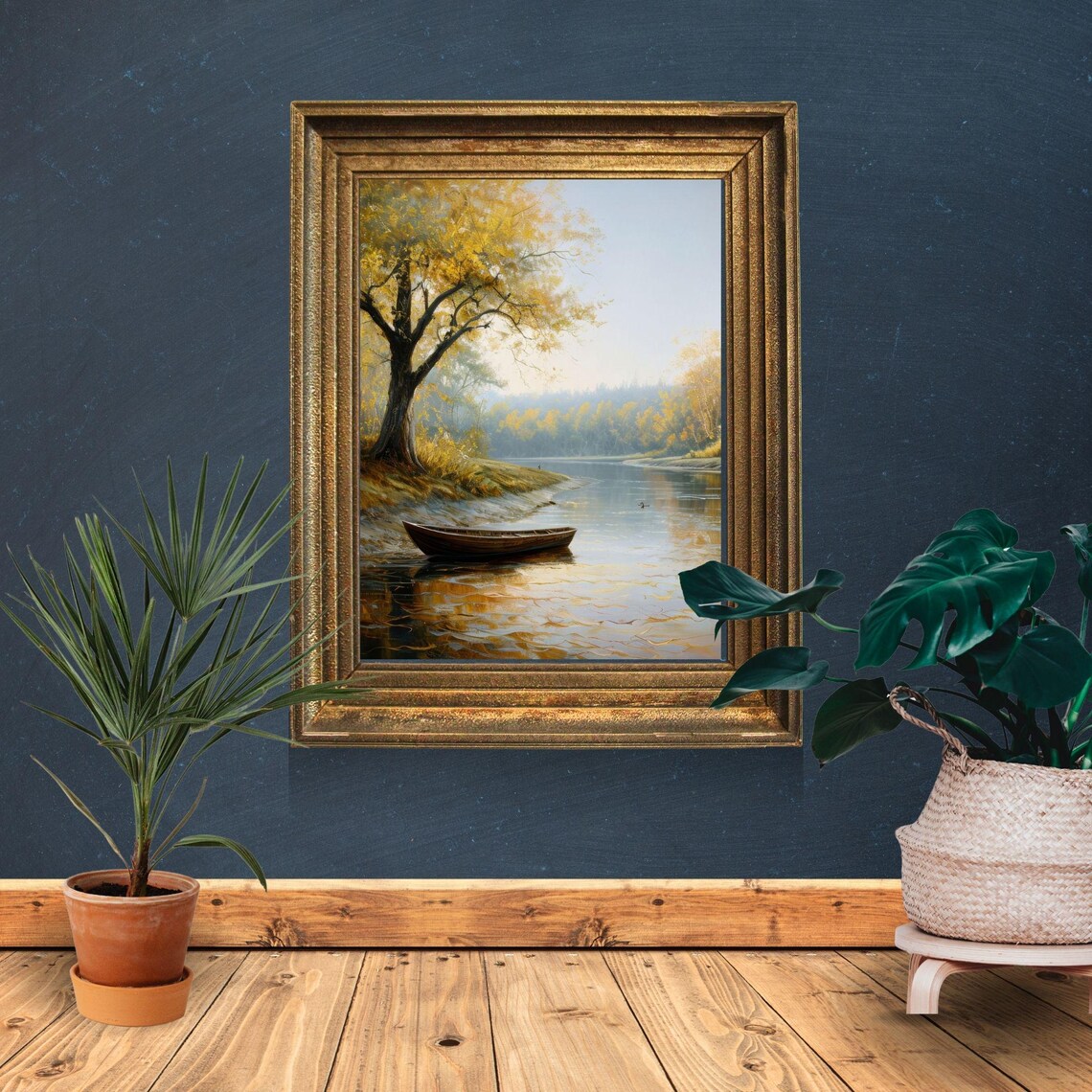 Golden Autumn River With Wooden Boat Fall Foliage Landscape Poster