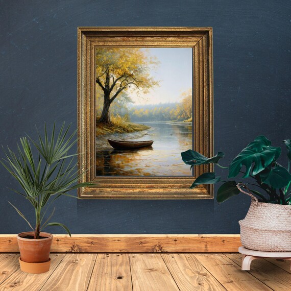 Golden Autumn River With Wooden Boat Fall Foliage Landscape Poster