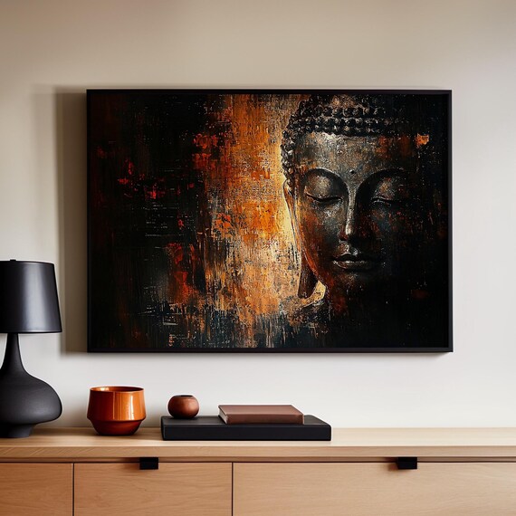 Buddha Face Textured Abstract Zen Spiritual Wall Art Print In Amber Tones
