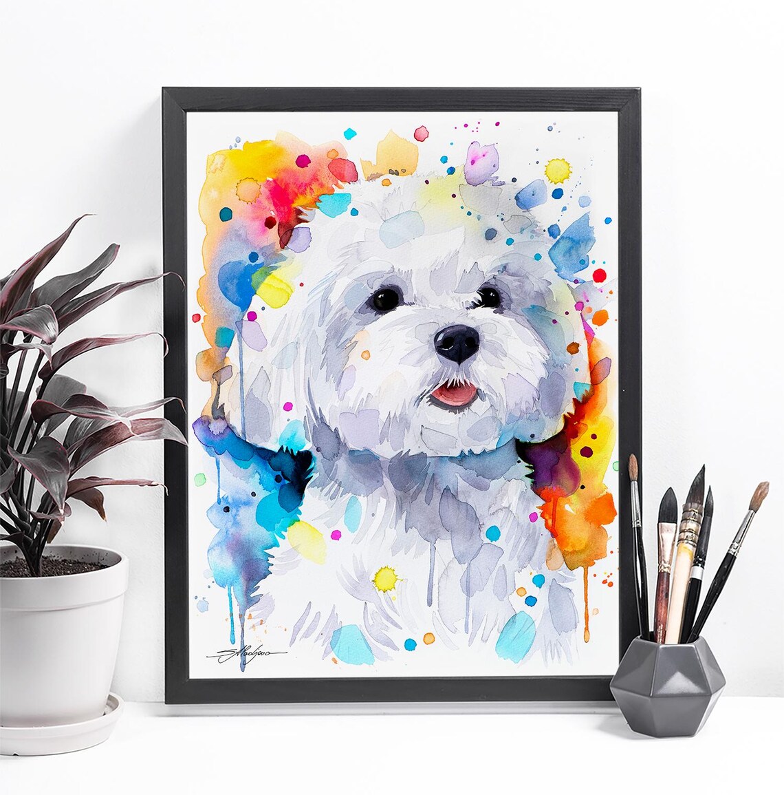 Maltese Dog Watercolor Portrait Print Colorful Animal Art By Aladjova