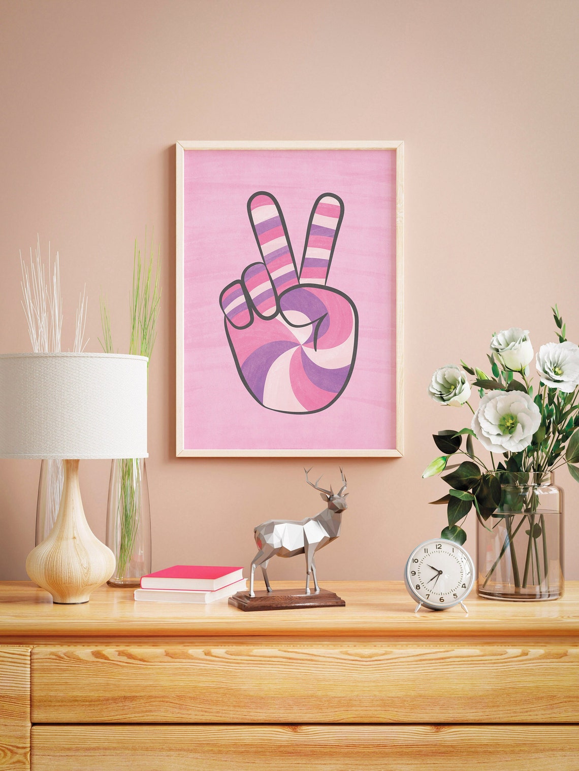 Pink Peace Sign Hand Poster With Pastel Striped Retro Dorm Decor Art - Image 3