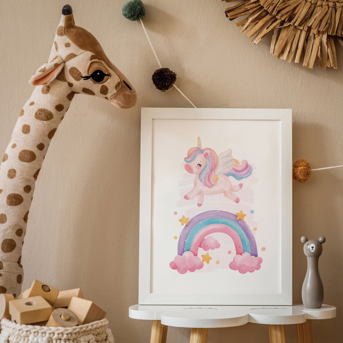 Pastel Flying Unicorn Rainbow Stars Baby Girl Nursery Wall Art - Image 3