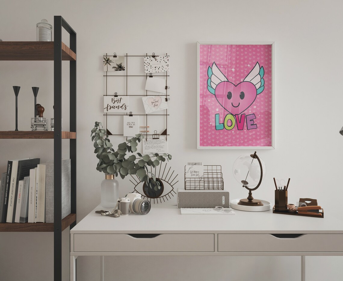 Cute Smiling Winged Heart Love Cartoon Pink Nursery Wall Art Decor - Image 2