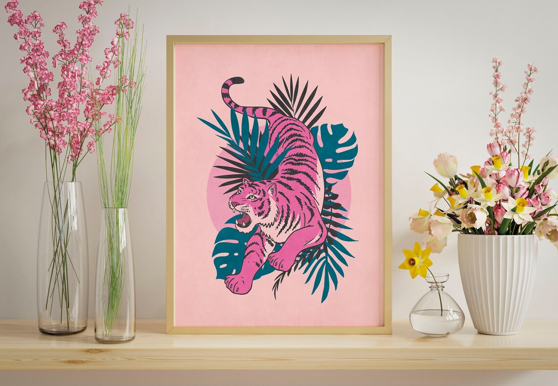 Pink Tiger Tropical Wall Art Print, Palm Leaves - Image 3