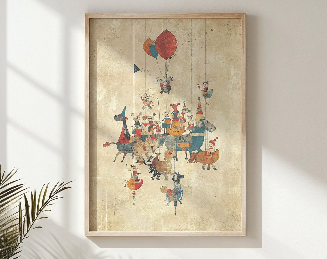 Vintage Circus Animals Parade Floating Balloons Nursery Poster