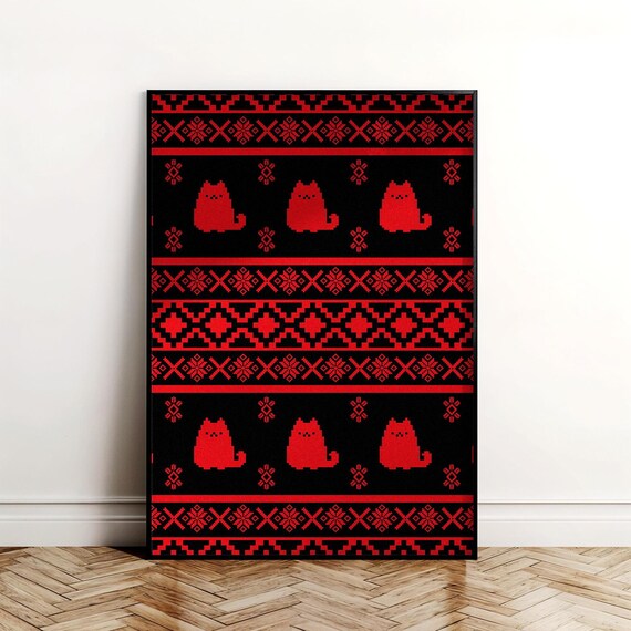 Red and Black Fair Isle Knit Cat Pattern Festive Sweater Style Art Print