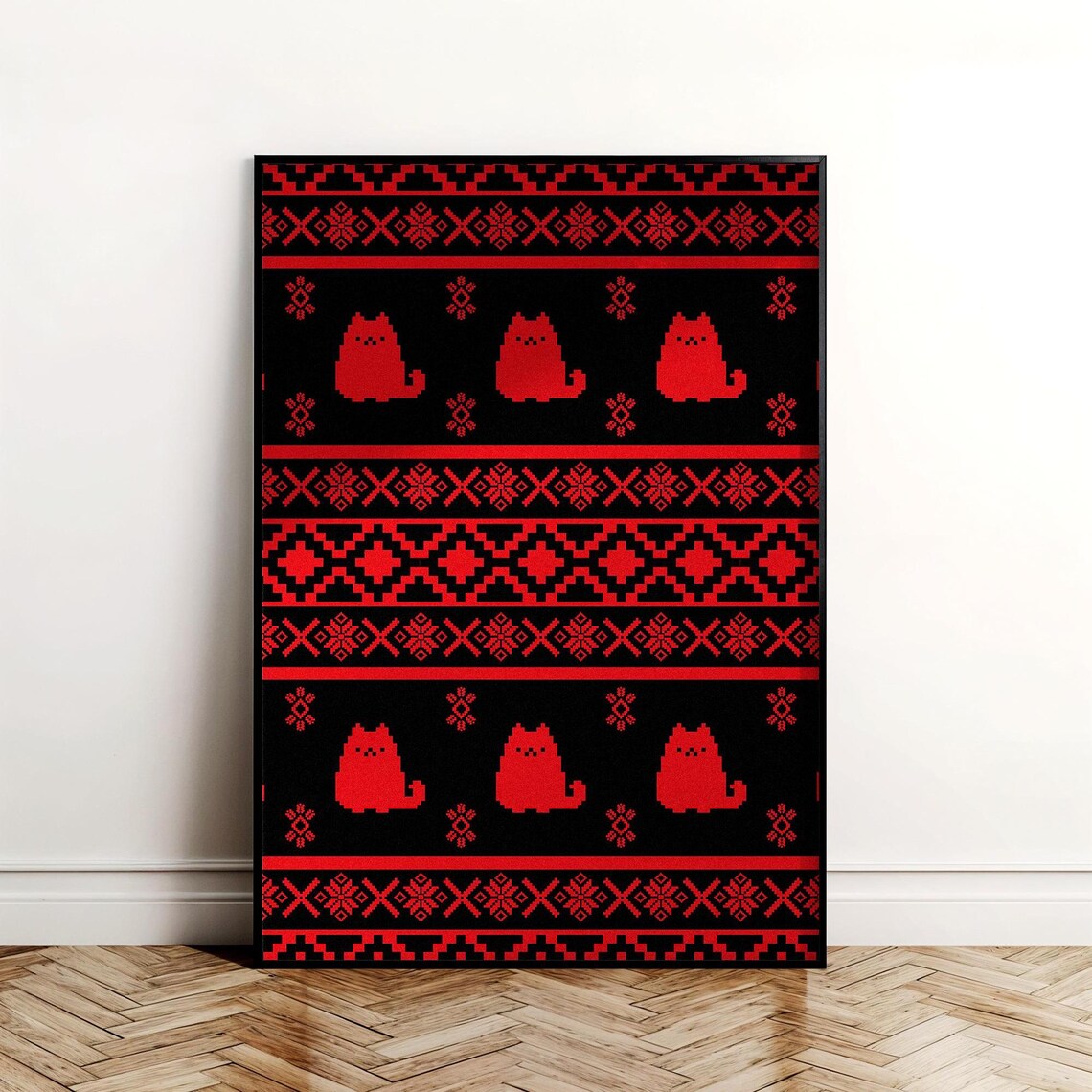 Red and Black Fair Isle Knit Cat Pattern Festive Sweater Style Art Print