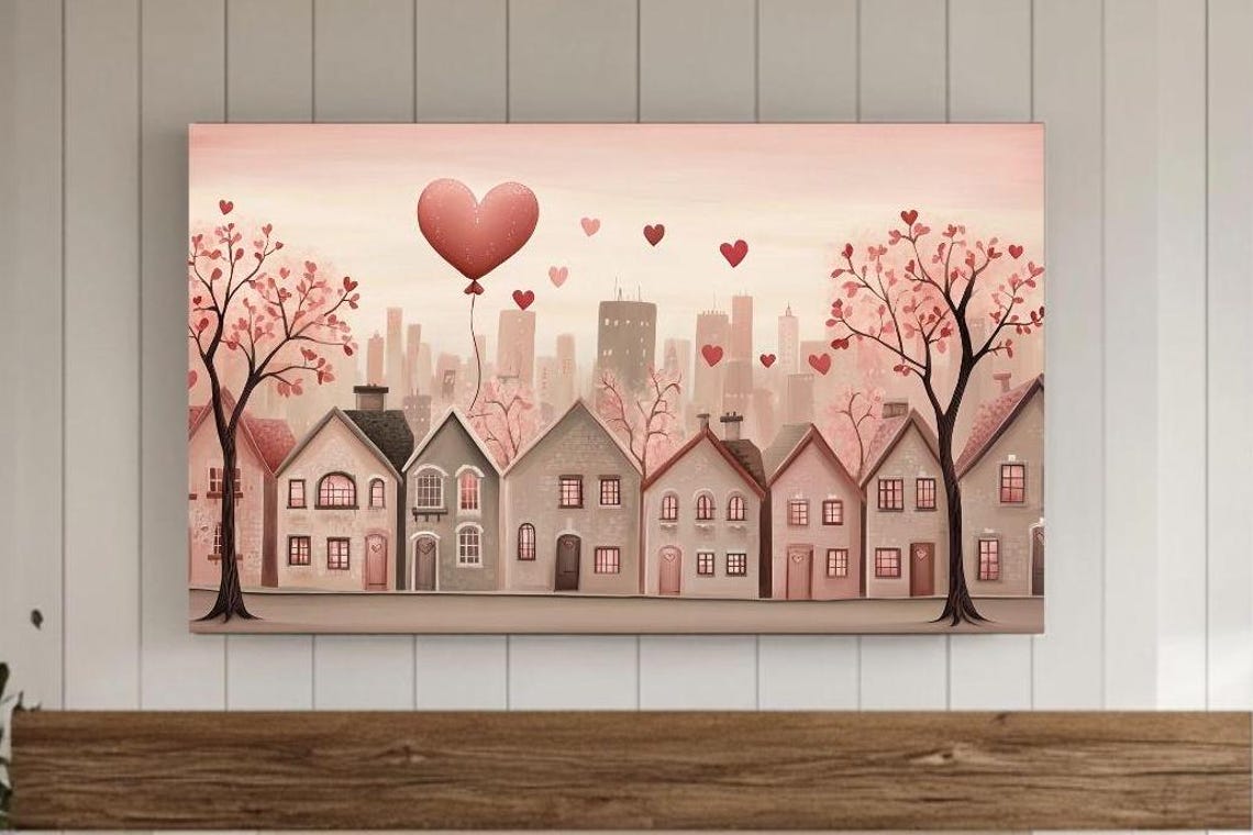 Romantic Valentine Village Heart Trees Balloon Love Art Poster