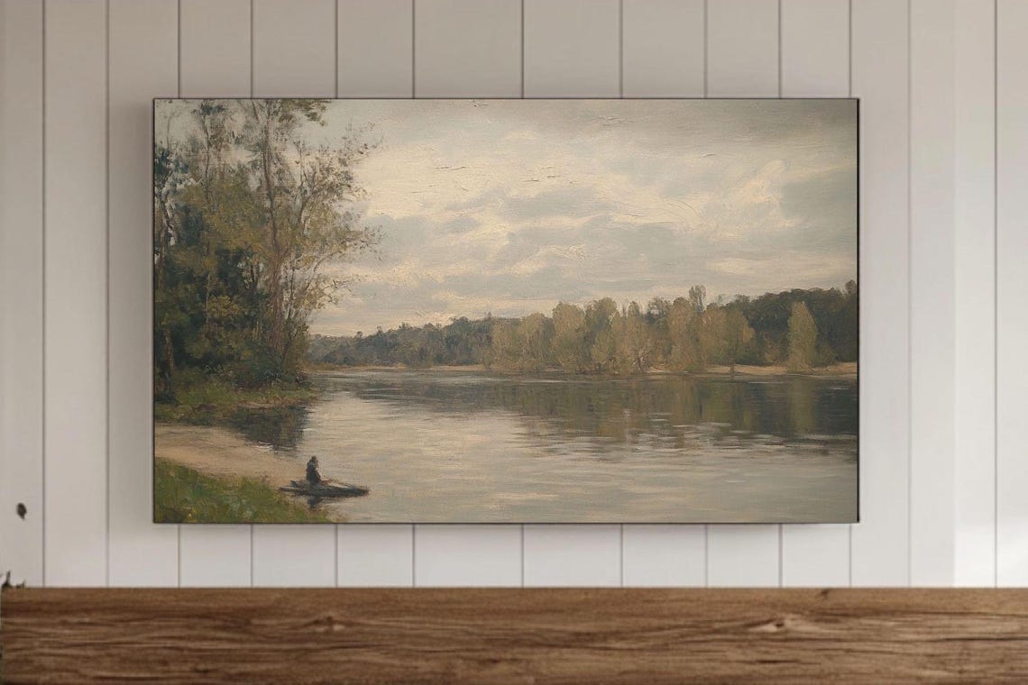 Tranquil River With Small Boat Vintage Oil Painting Landscape Poster