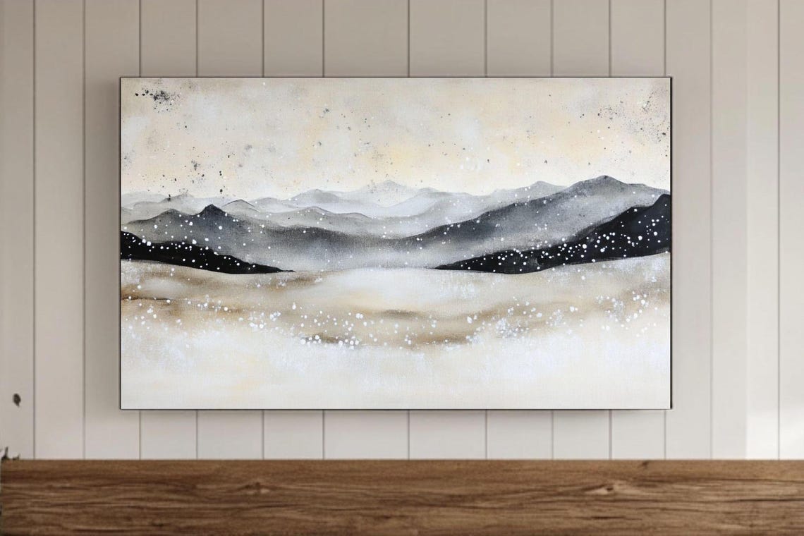 Gray Layered Mountains Over A Snowy Beige Plain Modern Wall Poster