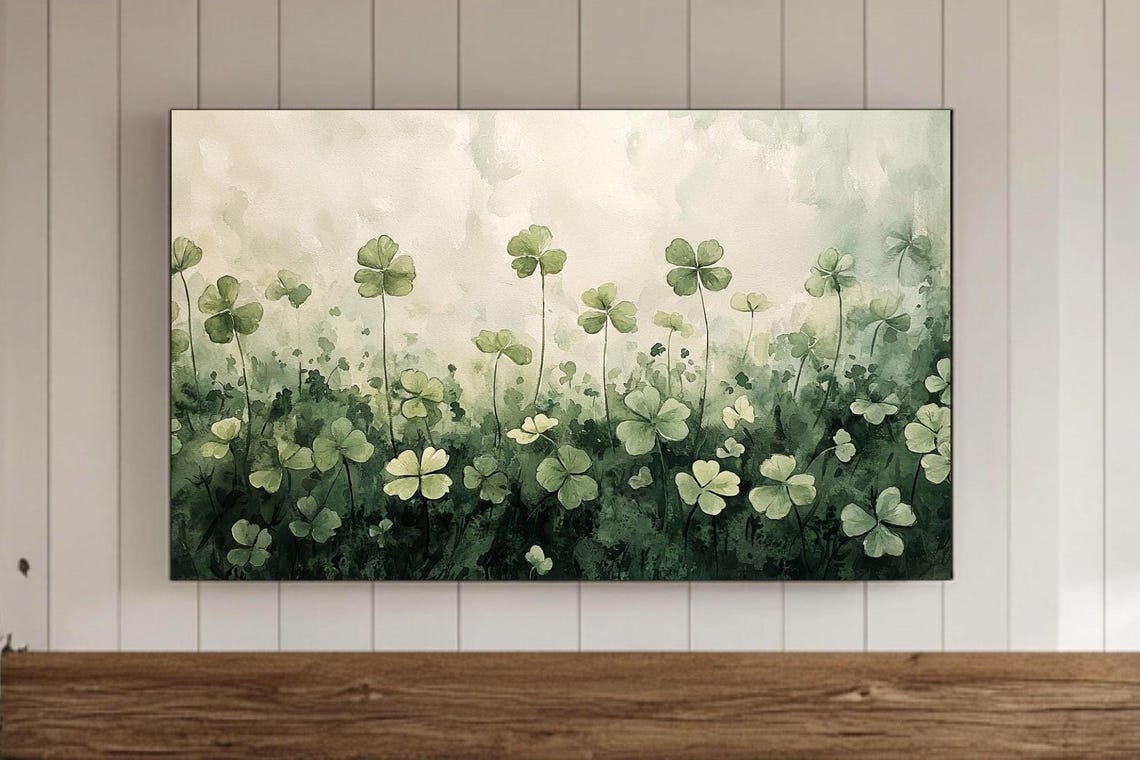 Deep Dark Clover Field Moody Green Watercolor Botanical Art Poster