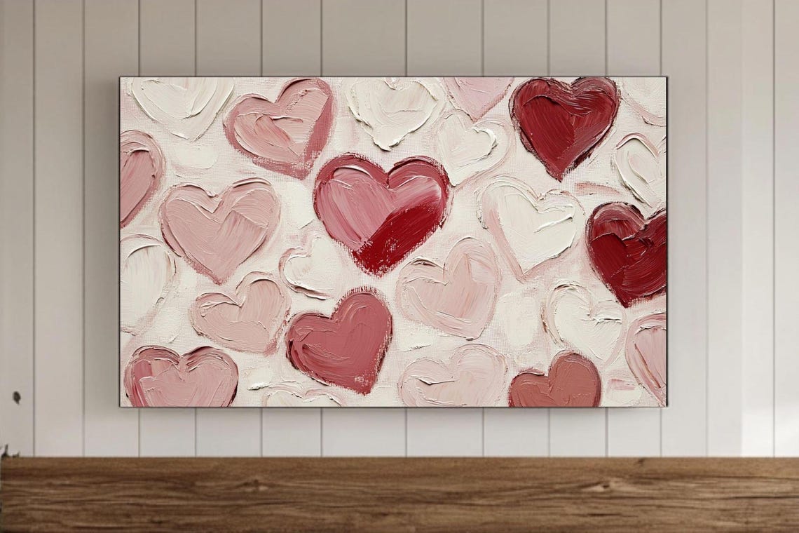 Blush Pink Impasto Hearts Abstract Romantic Valentine Wall Art