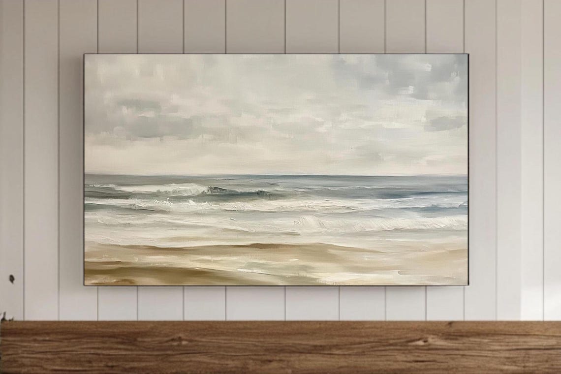 Soft Gray Ocean Wave Coastal Painting Sandy Shoreline Wall Art