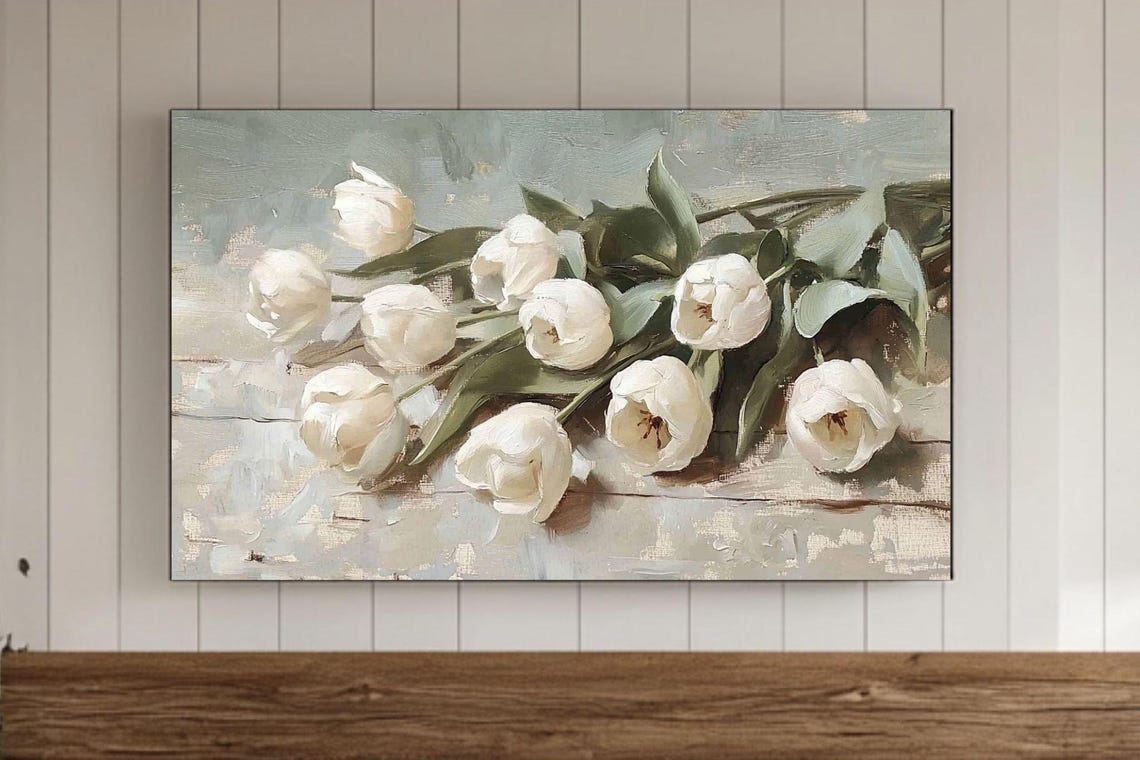 White Tulips Bouquet Soft Sage Background Vintage Floral Poster