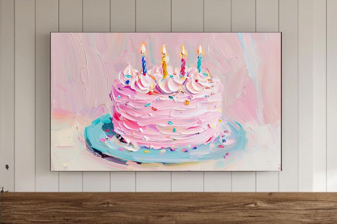 Colorful Birthday Cake Art Print, Pink Textured Bday