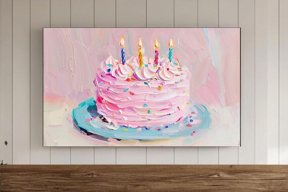 Colorful Birthday Cake Art Print, Pink Textured Bday