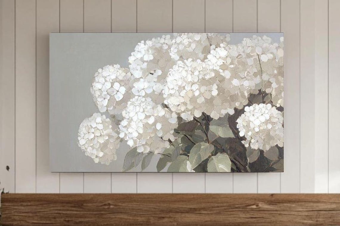 White Hydrangea Cluster Soft Gray Painterly Floral Art Poster