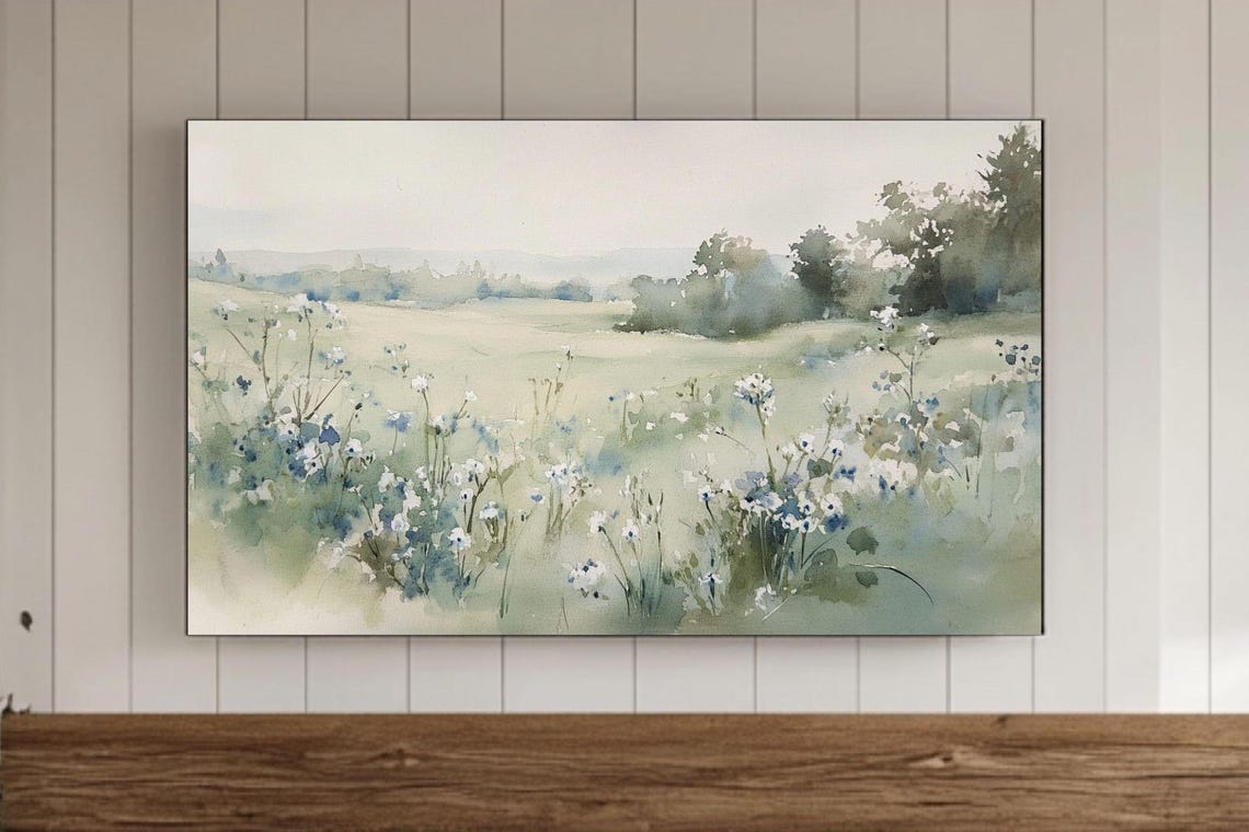Spring Blue Wildflower Meadow Soft Green Field Watercolor Poster