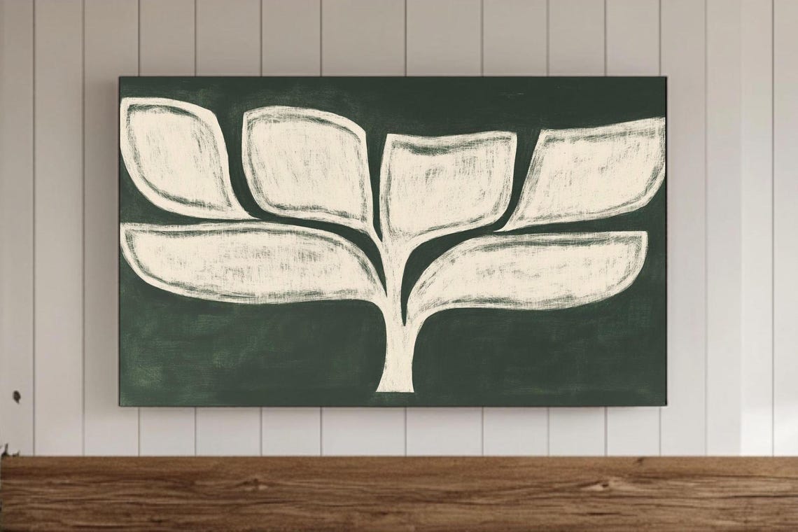 Abstract Cream Leaf Botanical Art on Dark Green Modern Poster
