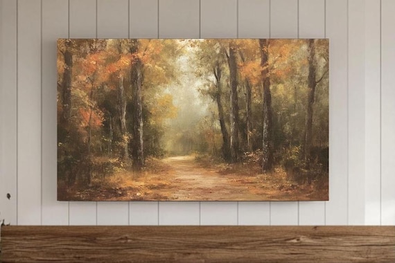 Golden Autumn Forest Path Misty Fall Foliage Oil Painting Poster