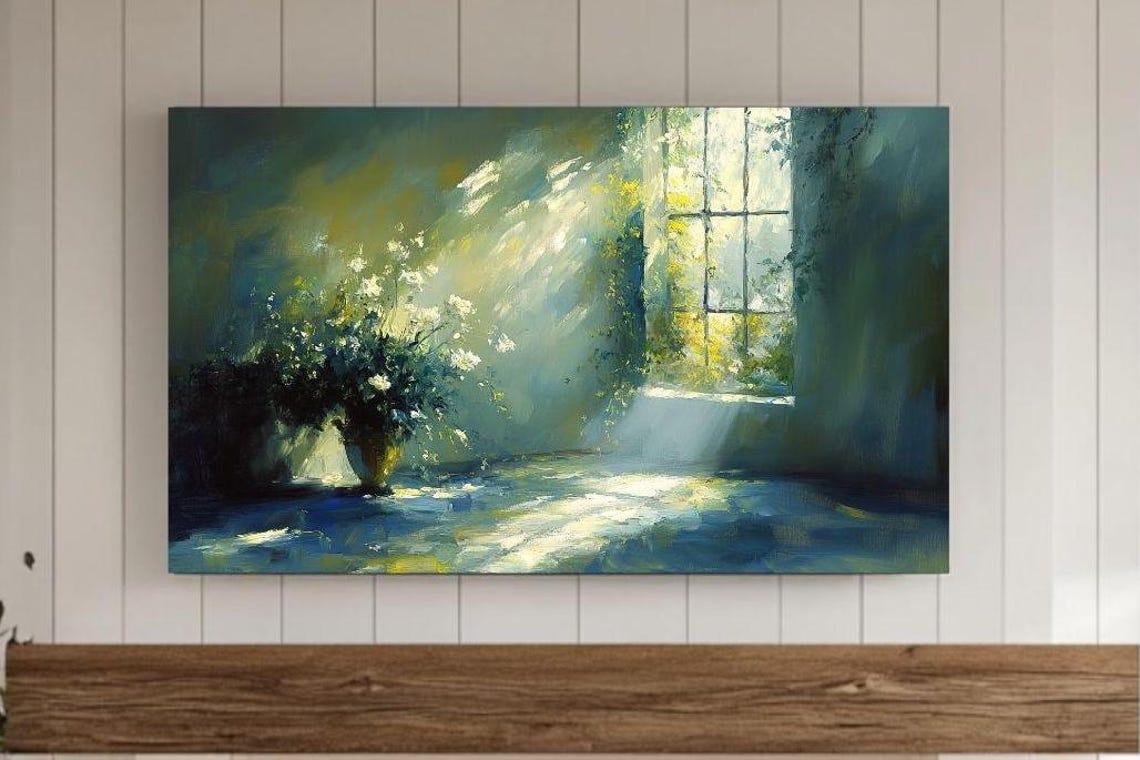 Sunlit Window White Wildflowers Moody Interior Light Beam Poster