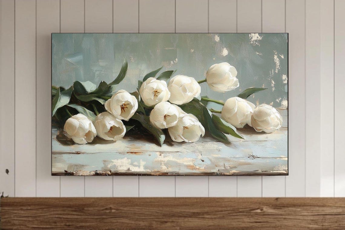 White Tulips Rustic Table Teal Vintage Floral Painting Poster