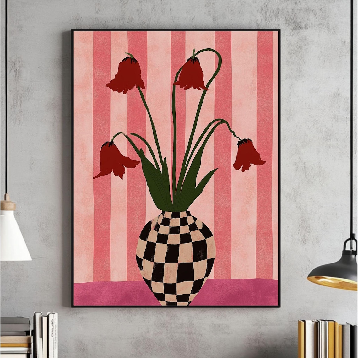 Tulips in a Checkered Vase, Eclectic Floral Art Print