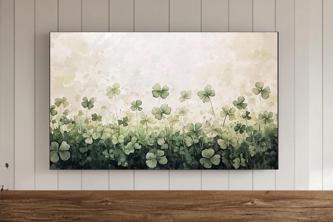 Green Clover Field Soft Misty Morning Watercolor Painting Poster