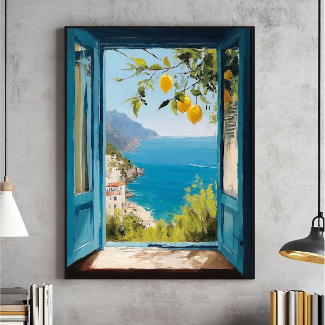Mediterranean Window View Art Print, Coastal Lemon Tree