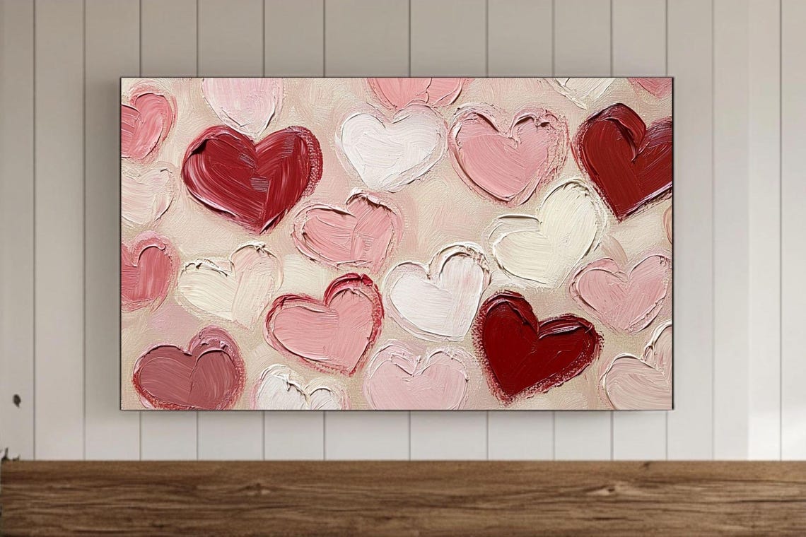 Blush Pink and Deep Red Painted Hearts Romantic Canvas Poster
