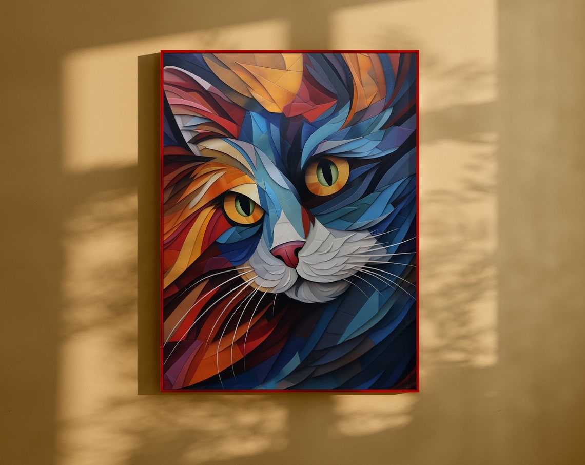 Geometric Patchwork Cat Face Close Up in Bright Blue Art Poster