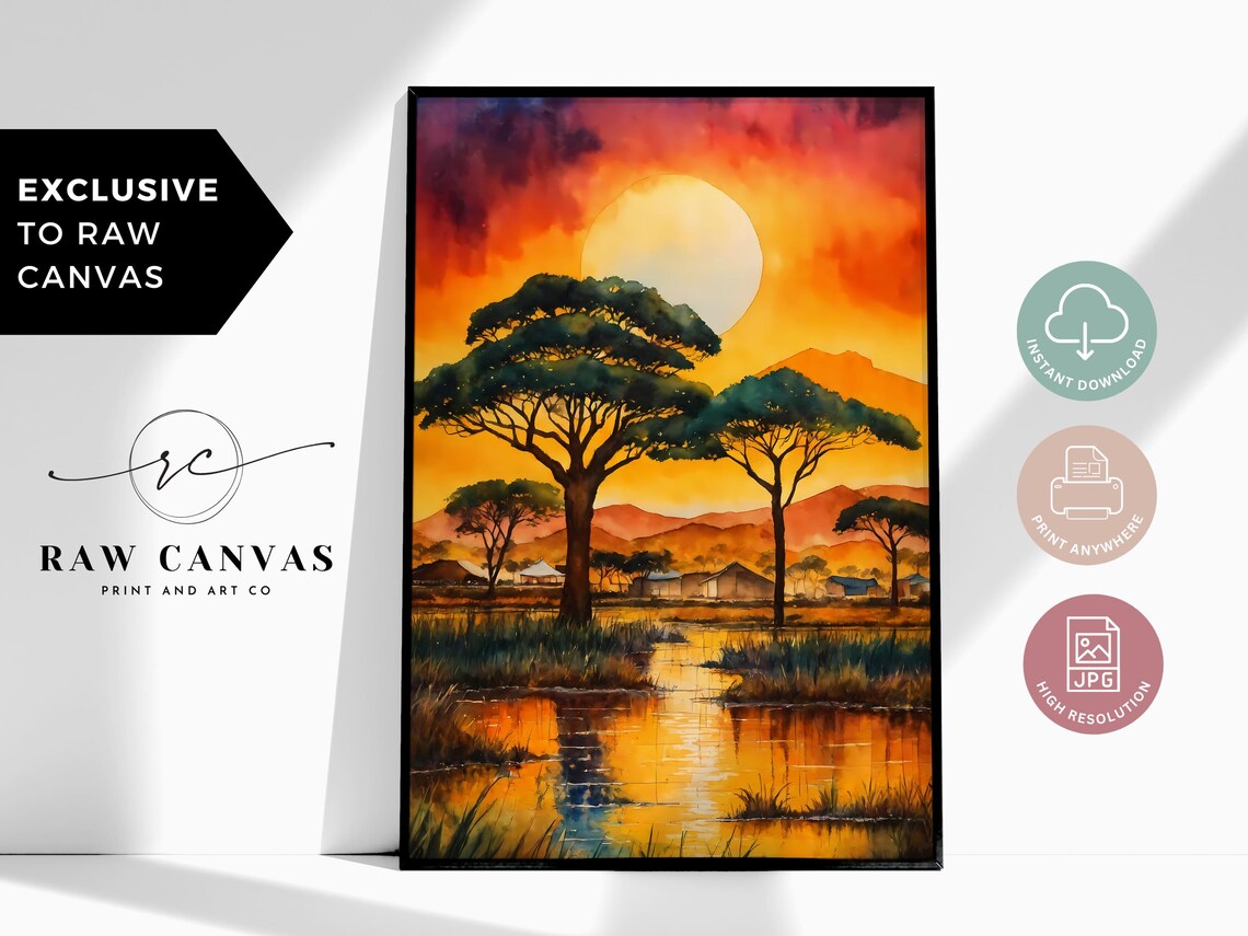African Sunset Acacia Tree Art Print, Safari Decor
