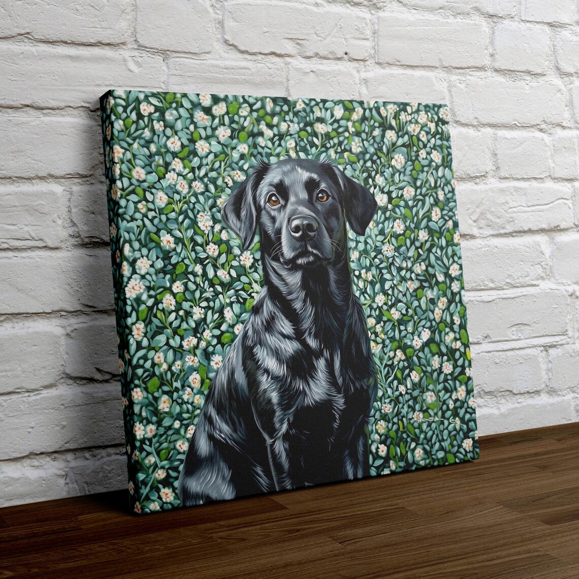 Black Lab Floral Portrait Dog Painting Green Flowers Wall Art - Image 4