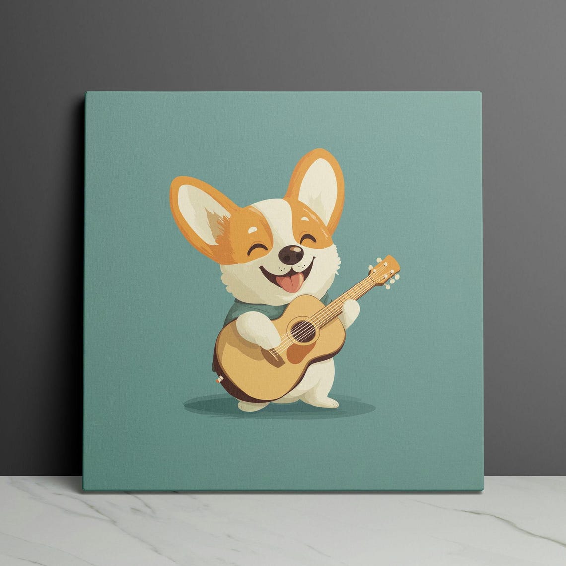 Happy Corgi Playing Guitar On A Teal Background Cartoon Wall Art - Image 3