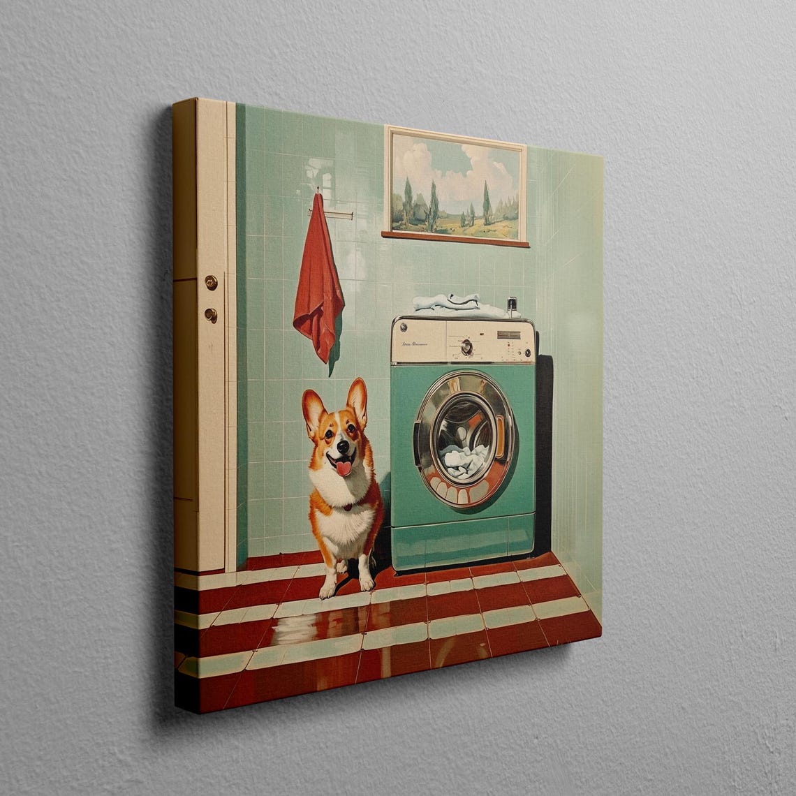 Corgi Laundry Helper Sitting by a Retro Washing Machine Poster - Image 2