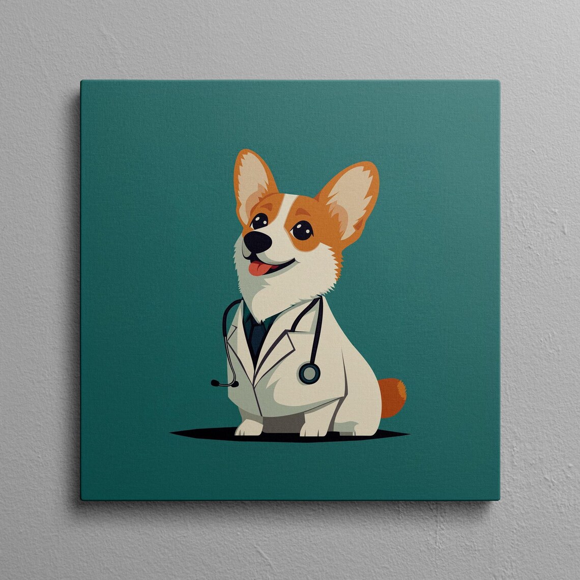Cartoon Corgi Doctor Portrait Dog in White Coat Stethoscope Poster
