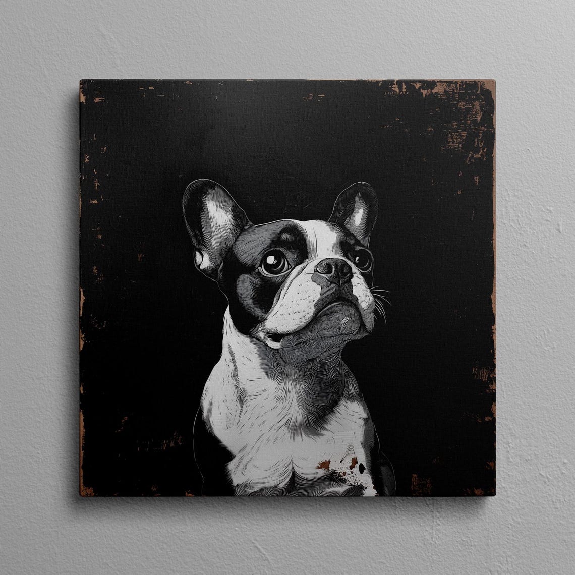 Boston Terrier Sketch Portrait Black and White Rustic Poster