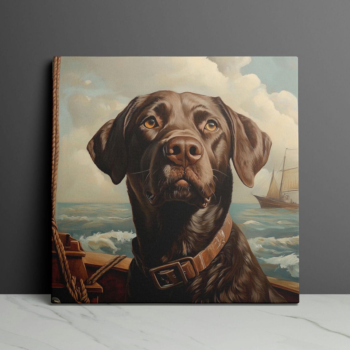 Chocolate Labrador Sailor On A Boat Deck With Tall Ship Poster - Image 3